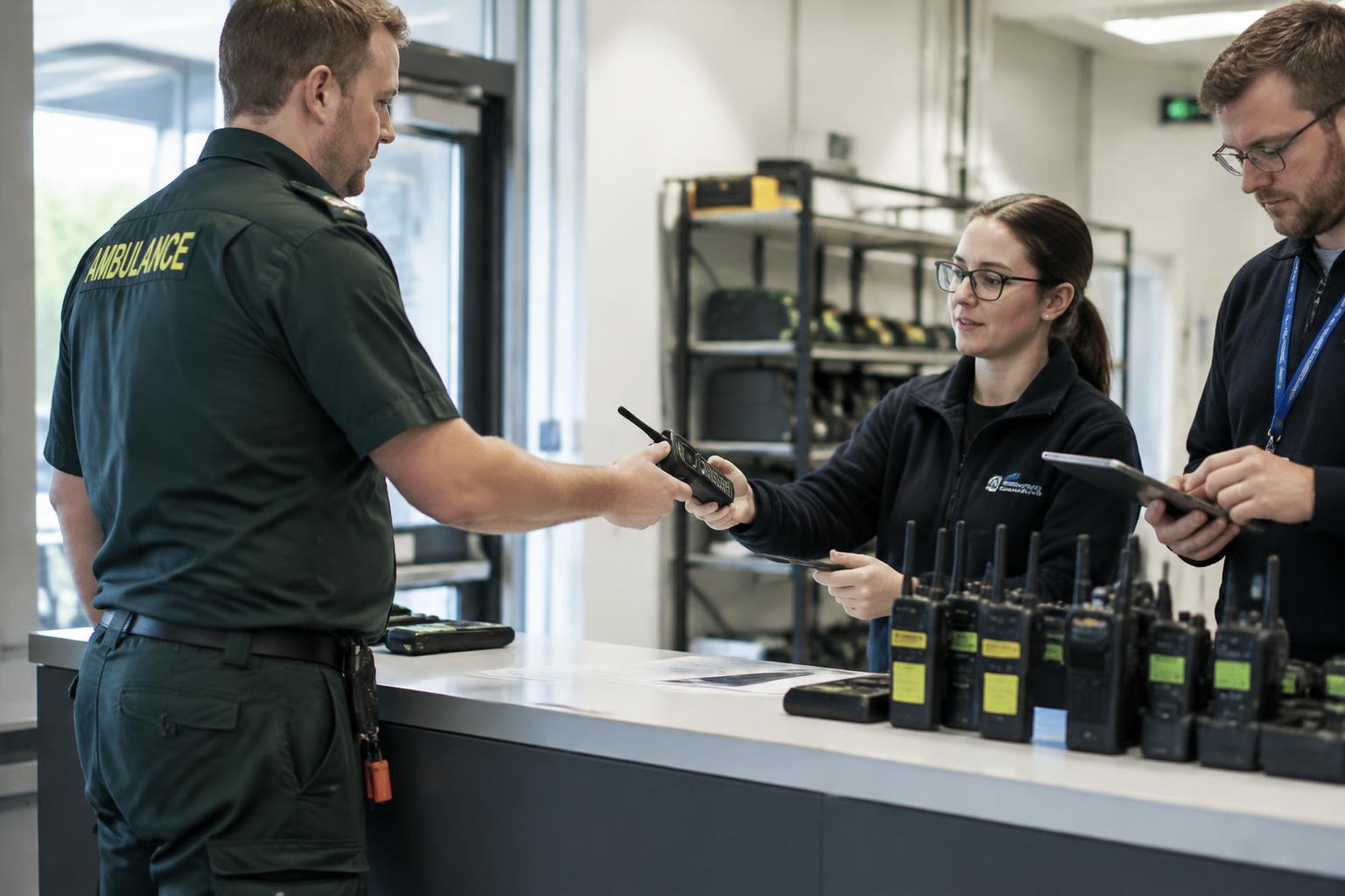 Radio handed to an ambulance crew member at a stores counter